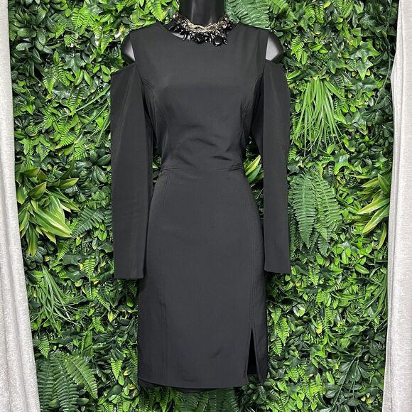 AIDAN MATTOX Dress Women 10 Black Cold Shoulder Sheath Front Split 1966 - Picture 6 of 10